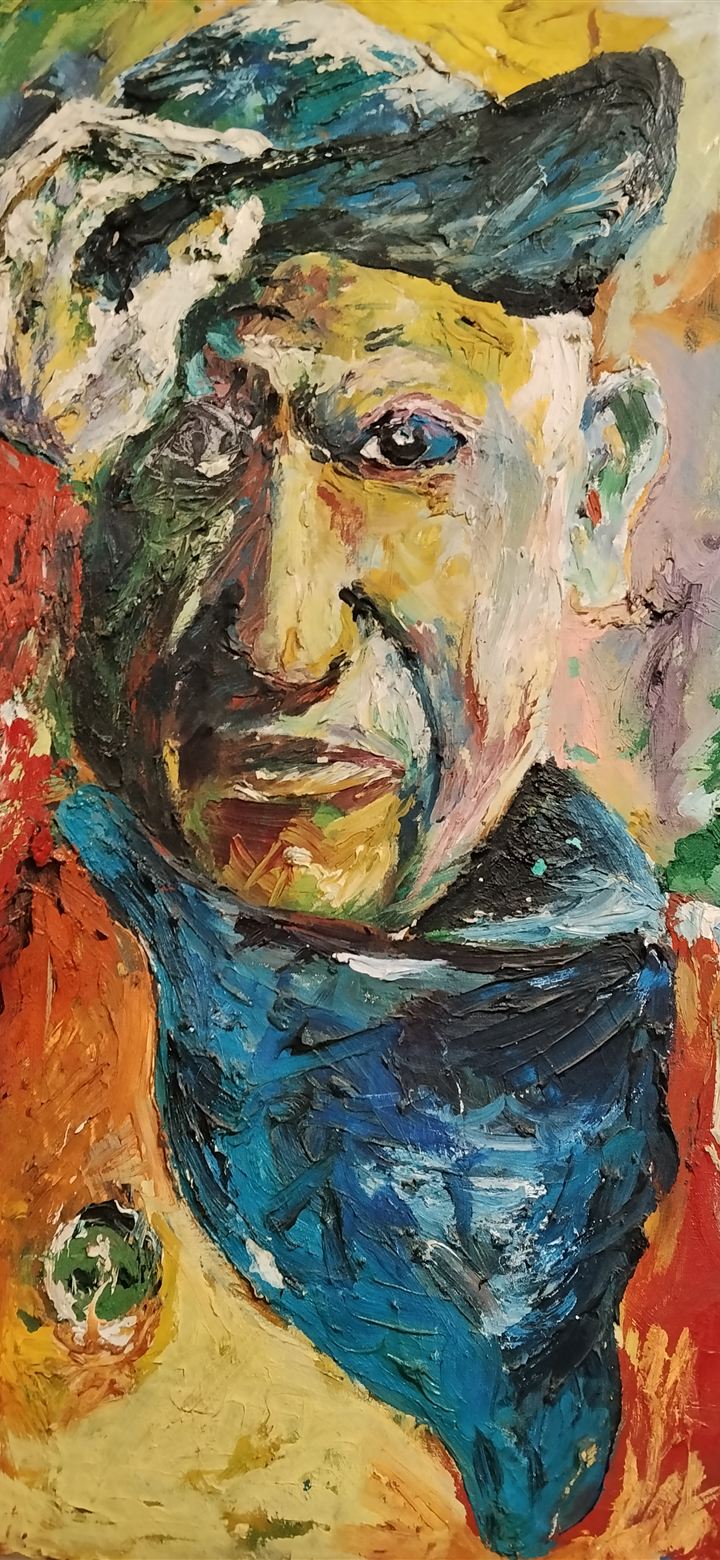 Expressionist oil portrait of a man wearing a beret and a blue scarf, painted in thick strokes of red, yellow, green and blue