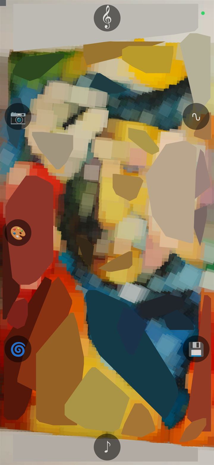 The same portrait rendered by the Trencadís app as a mosaic of flat colour shards, with round control icons along the screen edges and a green MIDI clock indicator